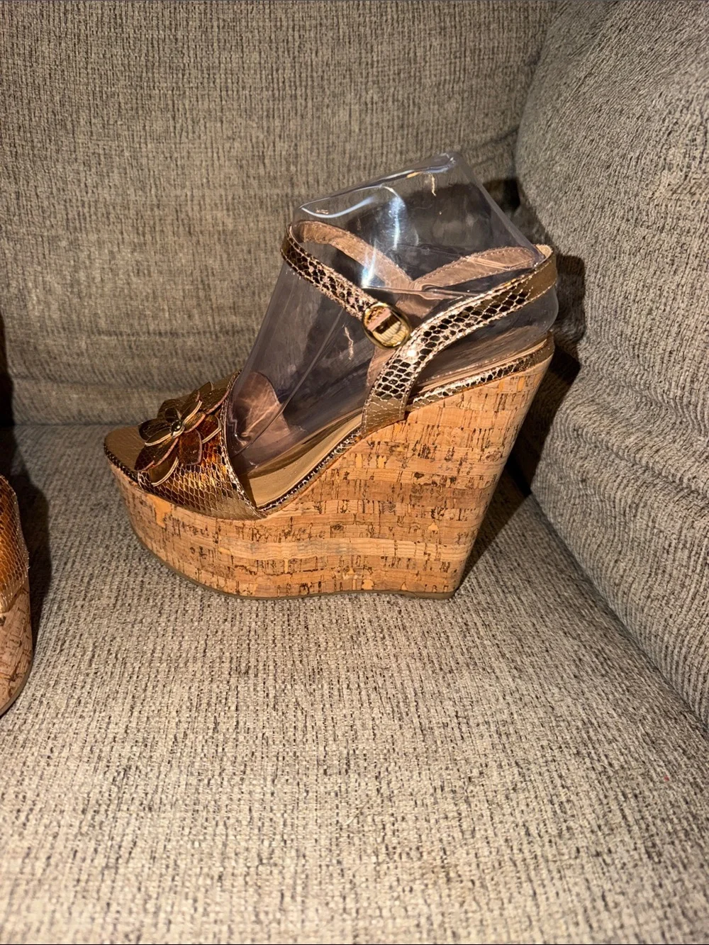 Womens Bakers Brown Cork Wedge Sandals with Gold Snakeskin Textured Straps size8